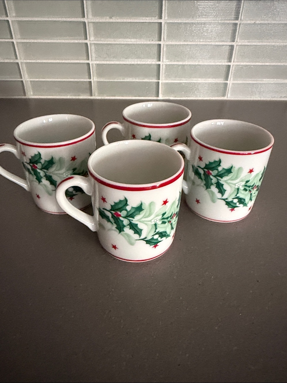 Neiman Marcus White Ceramic Mugs with Green Holly & Red Trim - Set of 4